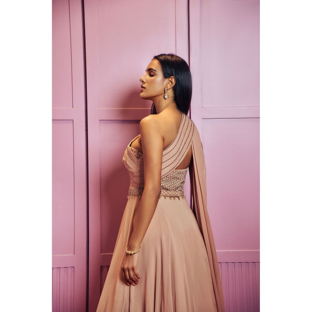 SAMMOHI BY MOKSHA & HIRAL Beige Hand Embroidered One Shoulder Gown