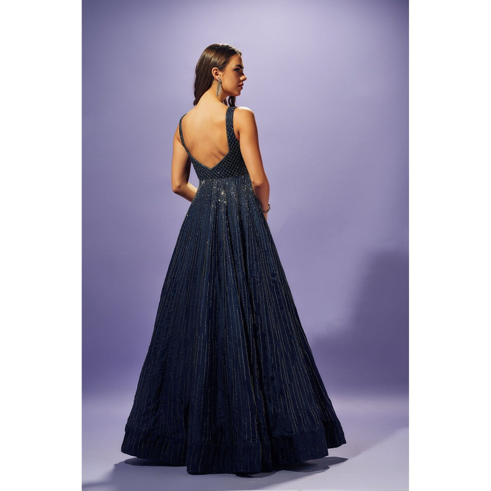 SAMMOHI BY MOKSHA & HIRAL Navy Blue Hand Embellished Gown In Silk Organza
