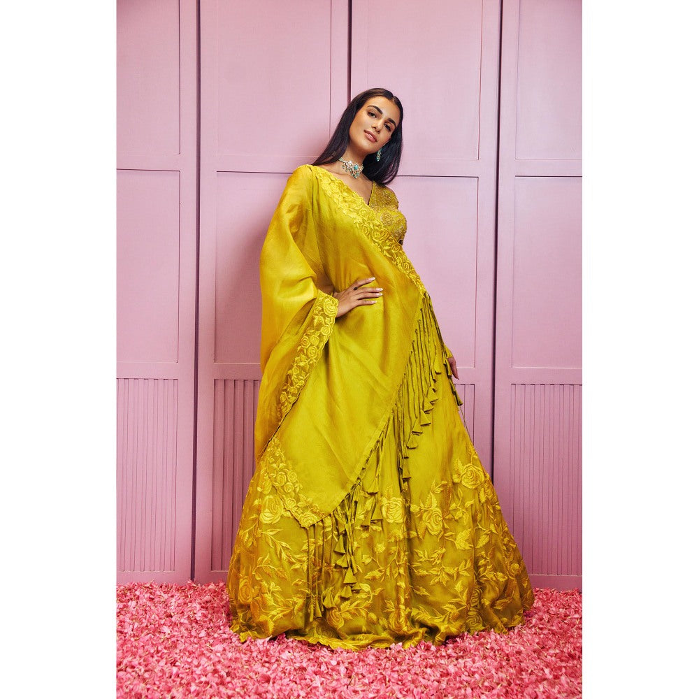 SAMMOHI BY MOKSHA & HIRAL Yellow Lehenga With Stitched Blouse And Dupatta (Set of 3)