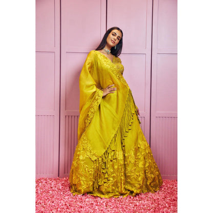 SAMMOHI BY MOKSHA & HIRAL Yellow Lehenga With Stitched Blouse And Dupatta (Set of 3)
