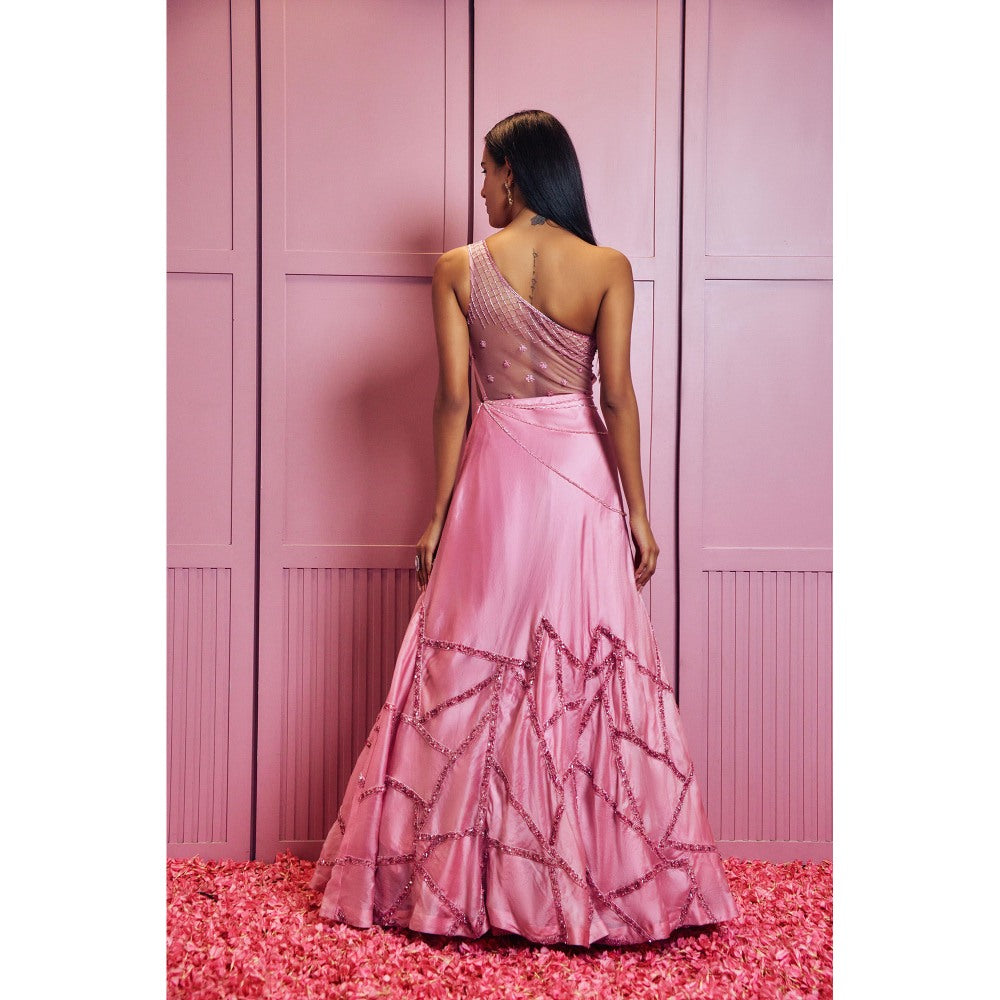 SAMMOHI BY MOKSHA & HIRAL Pink Embroidered One Shoulder Gown