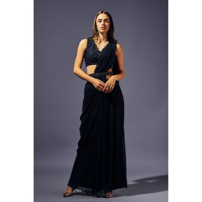 SAMMOHI BY MOKSHA & HIRAL Navy Blue Stitched Blouse With Palazzo And Drape And Belt (Set of 4)