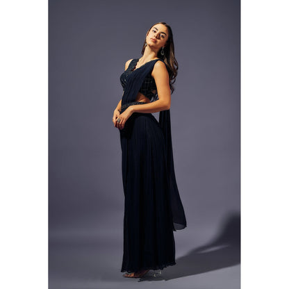 SAMMOHI BY MOKSHA & HIRAL Navy Blue Stitched Blouse With Palazzo And Drape And Belt (Set of 4)