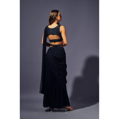 SAMMOHI BY MOKSHA & HIRAL Navy Blue Stitched Blouse With Palazzo And Drape And Belt (Set of 4)