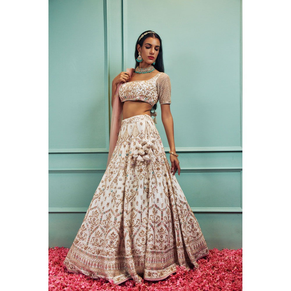 SAMMOHI BY MOKSHA & HIRAL Ivory Silk Lehenga With Stitched Blouse And Dupatta (Set of 3)