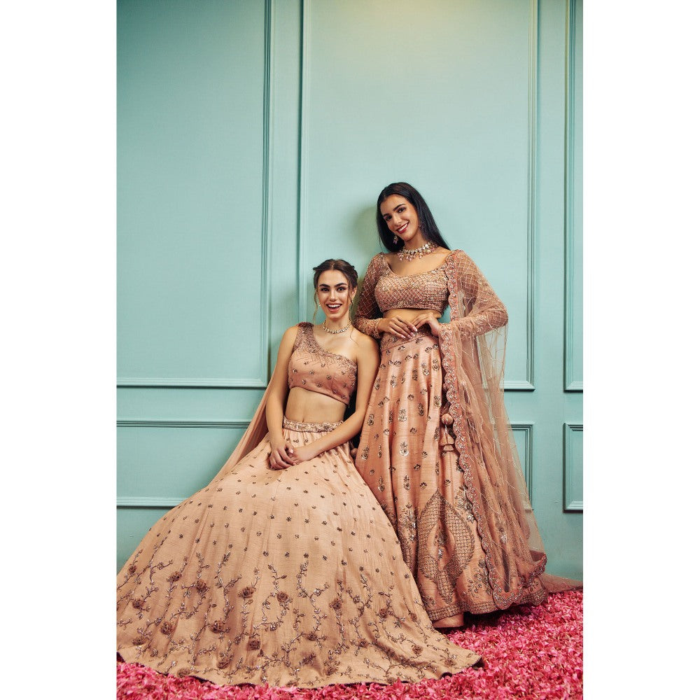 SAMMOHI BY MOKSHA & HIRAL Peach Lehenga With Stitched Blouse And Attached Dupatta (Set of 2)