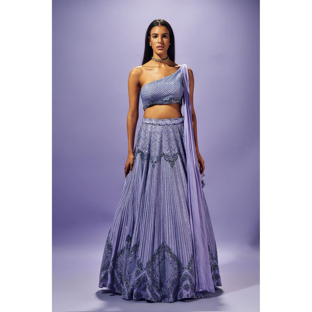 SAMMOHI BY MOKSHA & HIRAL Lavender Stitched Blouse With Attached Drape And Lehenga (Set of 2)