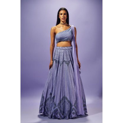 SAMMOHI BY MOKSHA & HIRAL Lavender Stitched Blouse With Attached Drape And Lehenga (Set of 2)