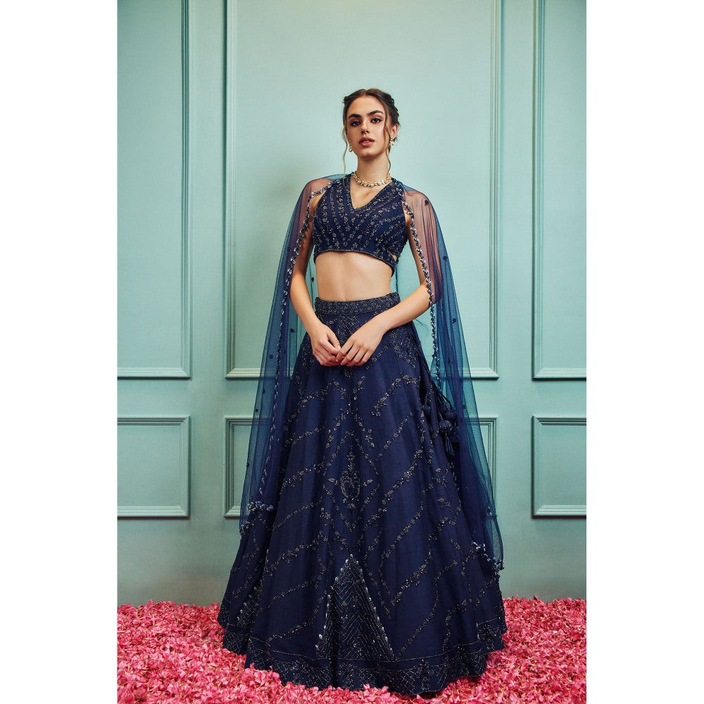 SAMMOHI BY MOKSHA & HIRAL Blue Embroidered Lehenga With Stitched Blouse And Dupatta (Set of 3)