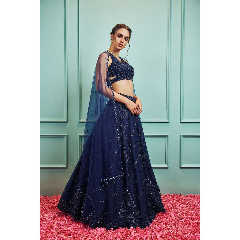 SAMMOHI BY MOKSHA & HIRAL Blue Embroidered Lehenga With Stitched Blouse And Dupatta (Set of 3)