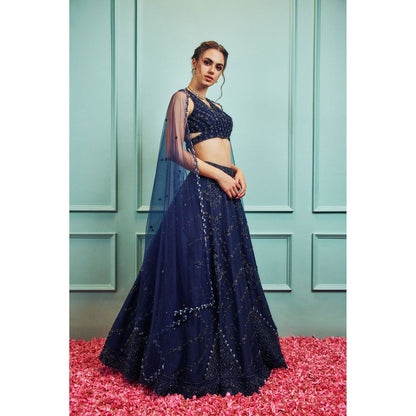 SAMMOHI BY MOKSHA & HIRAL Blue Embroidered Lehenga With Stitched Blouse And Dupatta (Set of 3)