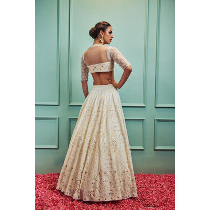 SAMMOHI BY MOKSHA & HIRAL Ivory Embroidered Lehenga With Stitched Blouse And Dupatta (Set of 3)