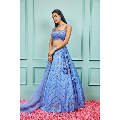 SAMMOHI BY MOKSHA & HIRAL Blue Embroidered Lehenga with Stitched Blouse and Dupatta (Set of 3)
