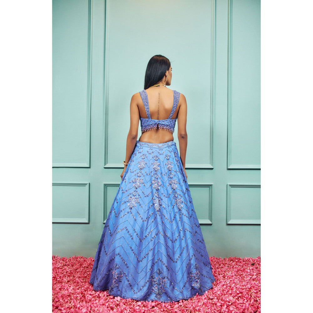 SAMMOHI BY MOKSHA & HIRAL Blue Embroidered Lehenga with Stitched Blouse and Dupatta (Set of 3)