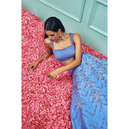 SAMMOHI BY MOKSHA & HIRAL Blue Embroidered Lehenga with Stitched Blouse and Dupatta (Set of 3)