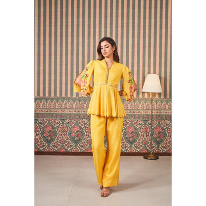 SAMMOHI BY MOKSHA & HIRAL Yellow Hand Embellishments Co-Ord (Set of 2)