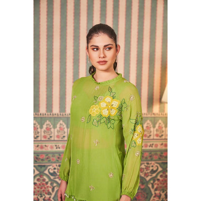 SAMMOHI BY MOKSHA & HIRAL Green Applique Hand Embroidery Co-Ord (Set of 2)