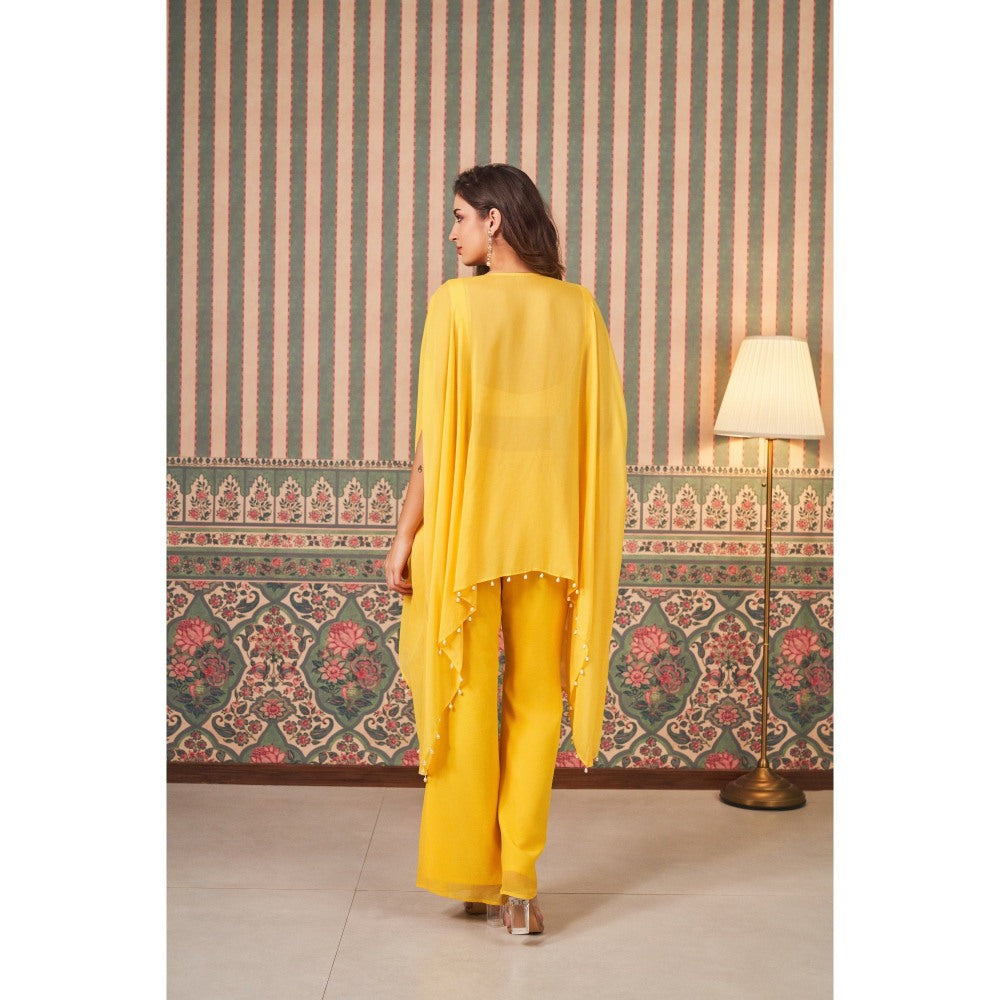 SAMMOHI BY MOKSHA & HIRAL Yellow Hand Embroidery Cape with Blouse and Flared Pant (Set of 3)