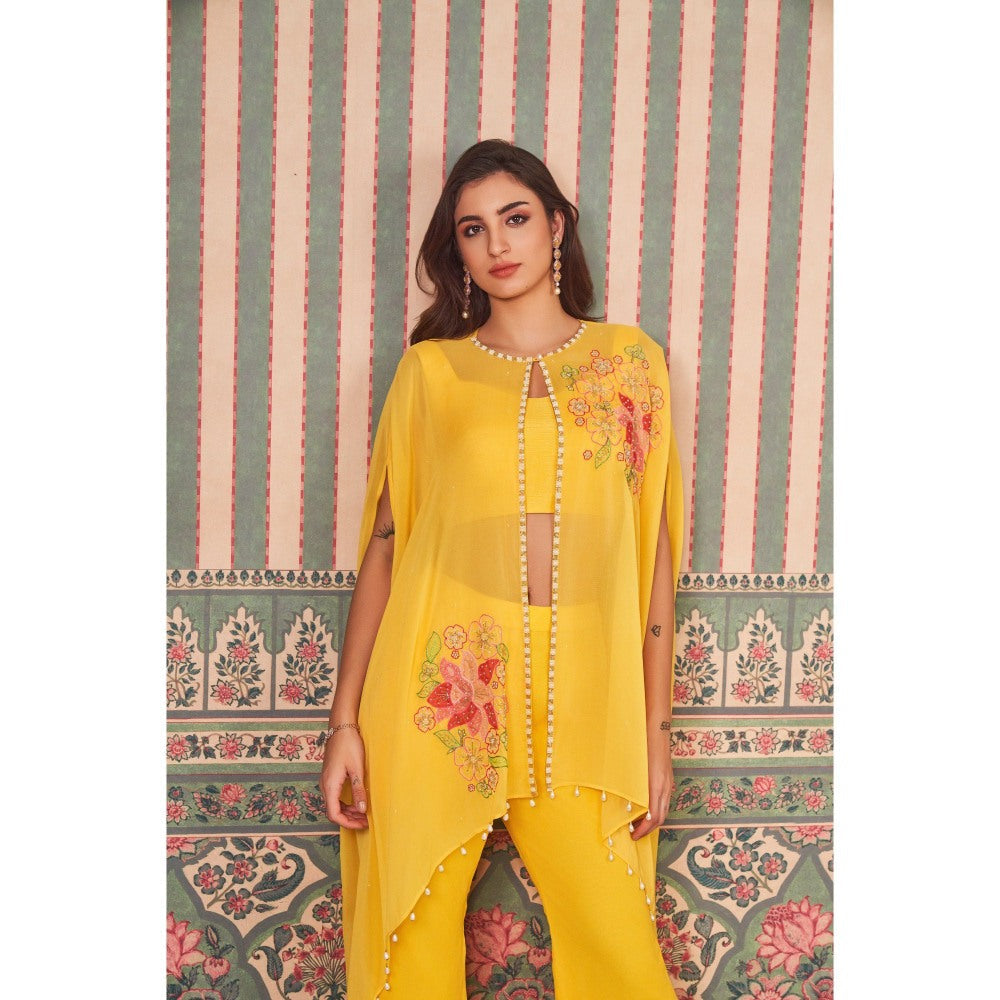 SAMMOHI BY MOKSHA & HIRAL Yellow Hand Embroidery Cape with Blouse and Flared Pant (Set of 3)