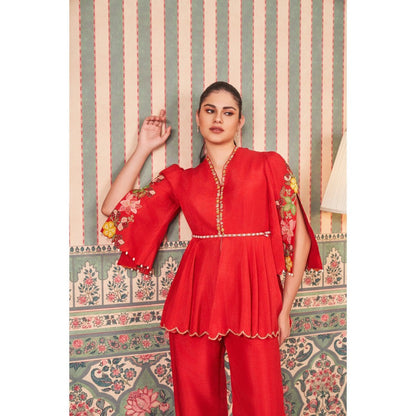 SAMMOHI BY MOKSHA & HIRAL Red Hand Embellishments Co-Ord (Set of 2)