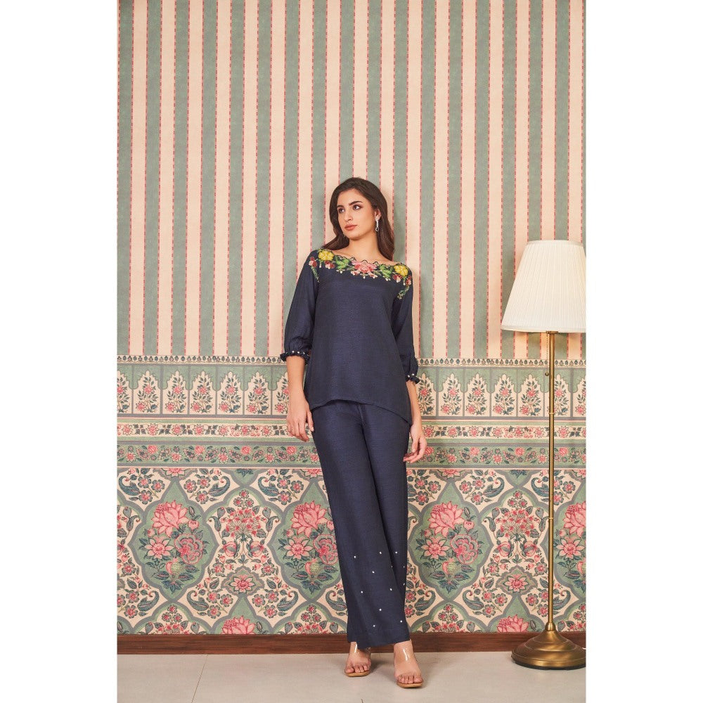 SAMMOHI BY MOKSHA & HIRAL Navy Blue Applique Hand Embellishments Co-Ord (Set of 2)