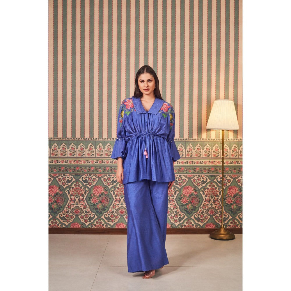 SAMMOHI BY MOKSHA & HIRAL Blue Floral Peplum Top with Inner and Palazzo (Set of 3)
