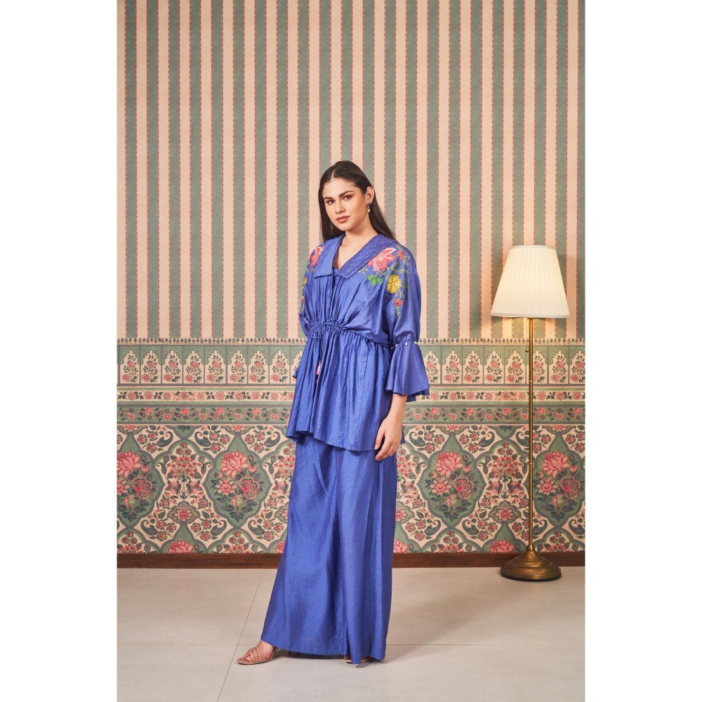 SAMMOHI BY MOKSHA & HIRAL Blue Floral Peplum Top with Inner and Palazzo (Set of 3)