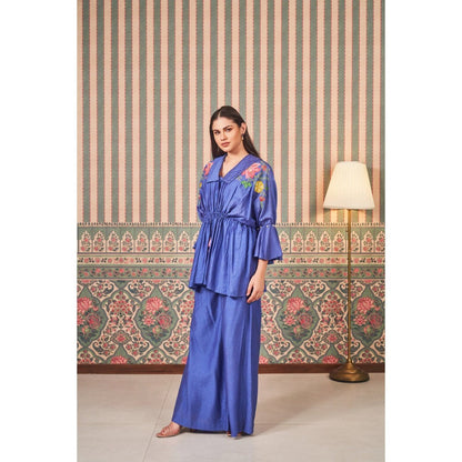 SAMMOHI BY MOKSHA & HIRAL Blue Floral Peplum Top with Inner and Palazzo (Set of 3)