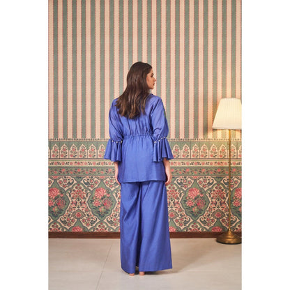 SAMMOHI BY MOKSHA & HIRAL Blue Floral Peplum Top with Inner and Palazzo (Set of 3)