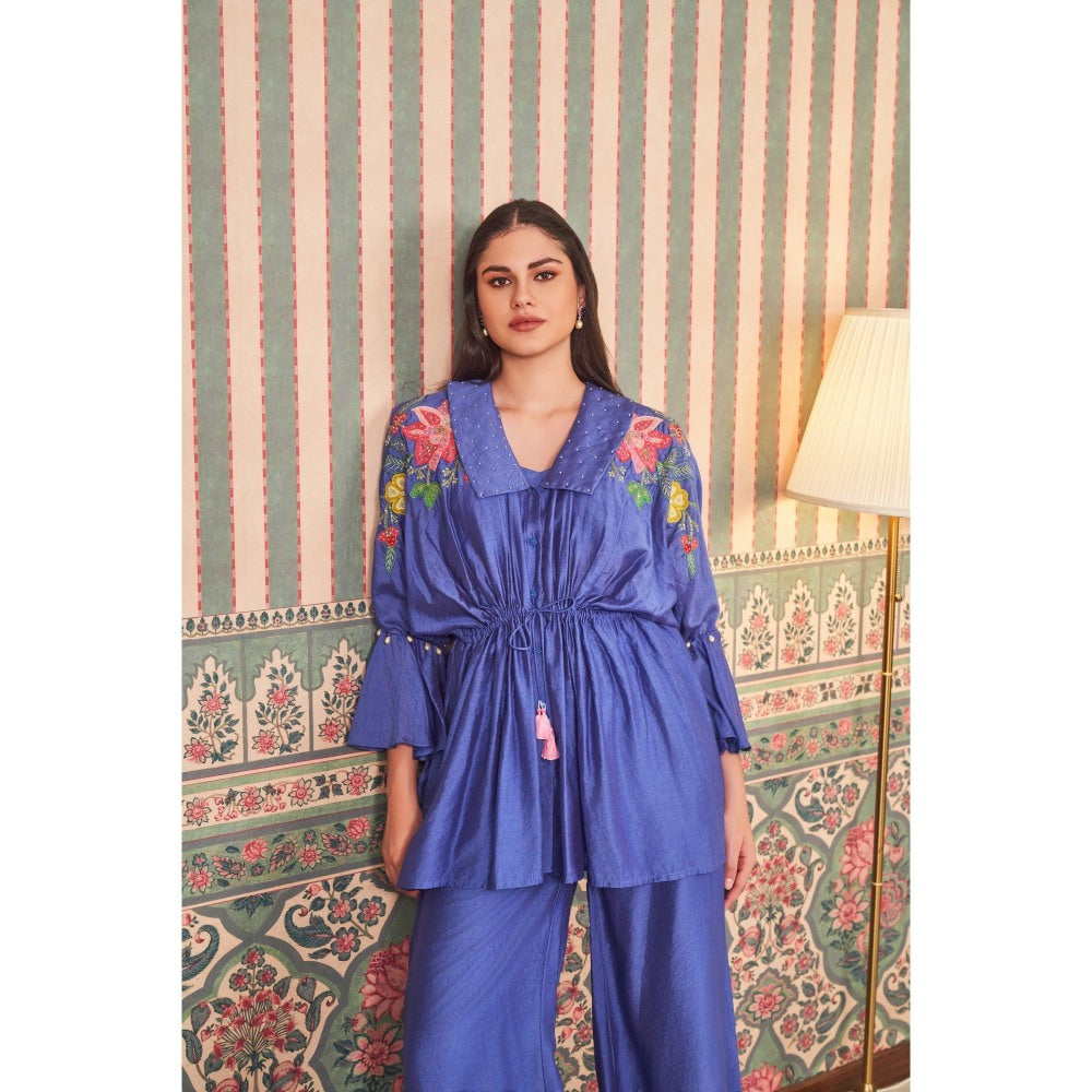 SAMMOHI BY MOKSHA & HIRAL Blue Floral Peplum Top with Inner and Palazzo (Set of 3)