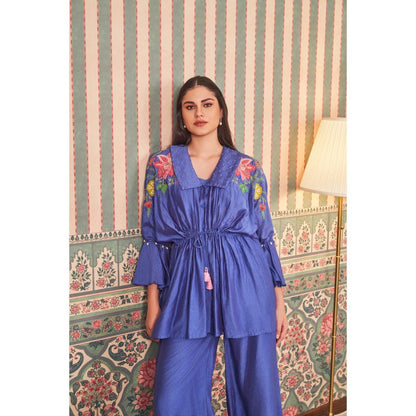 SAMMOHI BY MOKSHA & HIRAL Blue Floral Peplum Top with Inner and Palazzo (Set of 3)