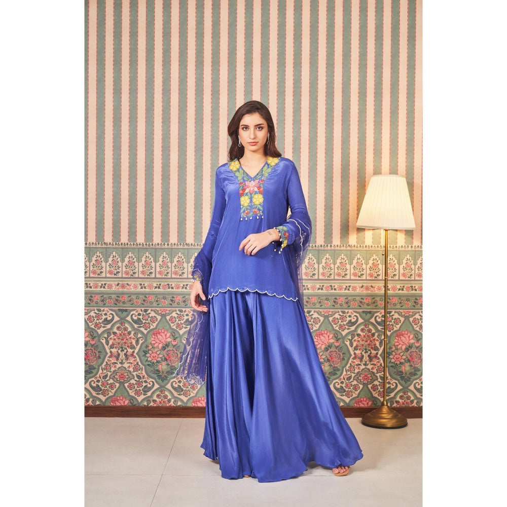 SAMMOHI BY MOKSHA & HIRAL Blue Embroidery Kurta with Sharara and Dupatta (Set of 3)