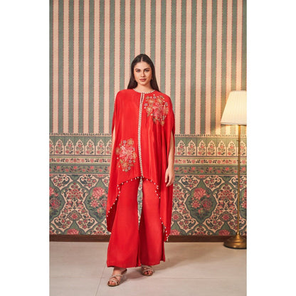 SAMMOHI BY MOKSHA & HIRAL Red Elegant Hand Appliqued Flowers Cape Top with Pant (Set of 2)