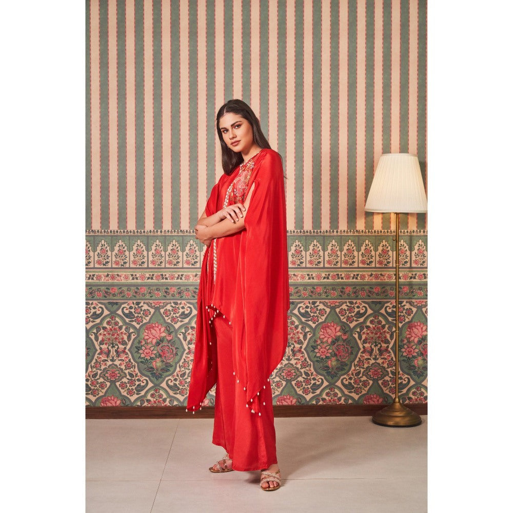 SAMMOHI BY MOKSHA & HIRAL Red Elegant Hand Appliqued Flowers Cape Top with Pant (Set of 2)