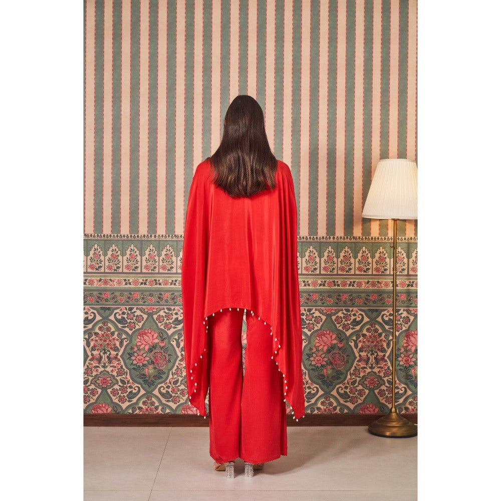 SAMMOHI BY MOKSHA & HIRAL Red Elegant Hand Appliqued Flowers Cape Top with Pant (Set of 2)