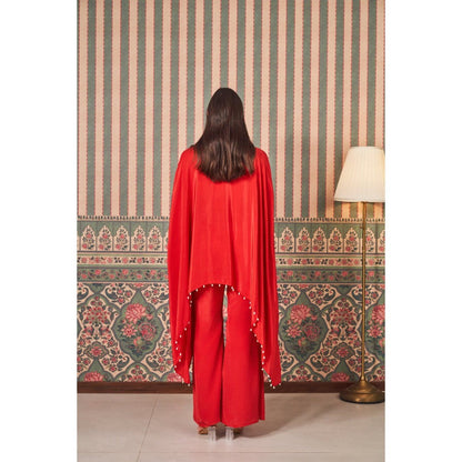 SAMMOHI BY MOKSHA & HIRAL Red Elegant Hand Appliqued Flowers Cape Top with Pant (Set of 2)