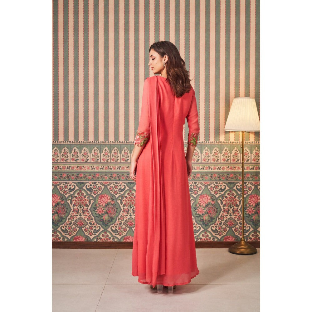 SAMMOHI BY MOKSHA & HIRAL Draped Gown In Coral with Hand Embellishments On Shoulder