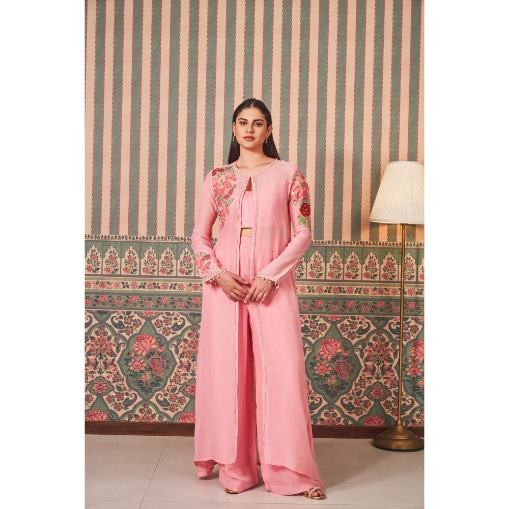 SAMMOHI BY MOKSHA & HIRAL Pink Hand Embellishments Bralette with Jacket and Palazzo (Set of 3)