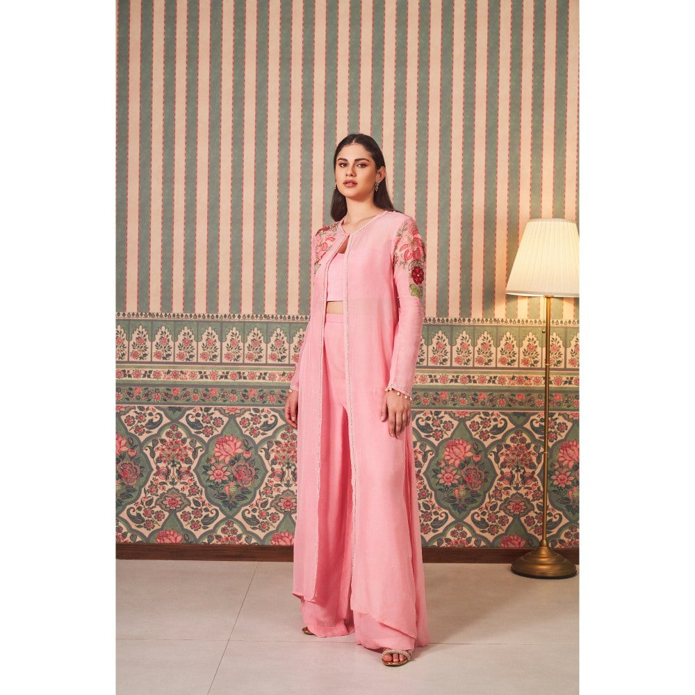 SAMMOHI BY MOKSHA & HIRAL Pink Hand Embellishments Bralette with Jacket and Palazzo (Set of 3)