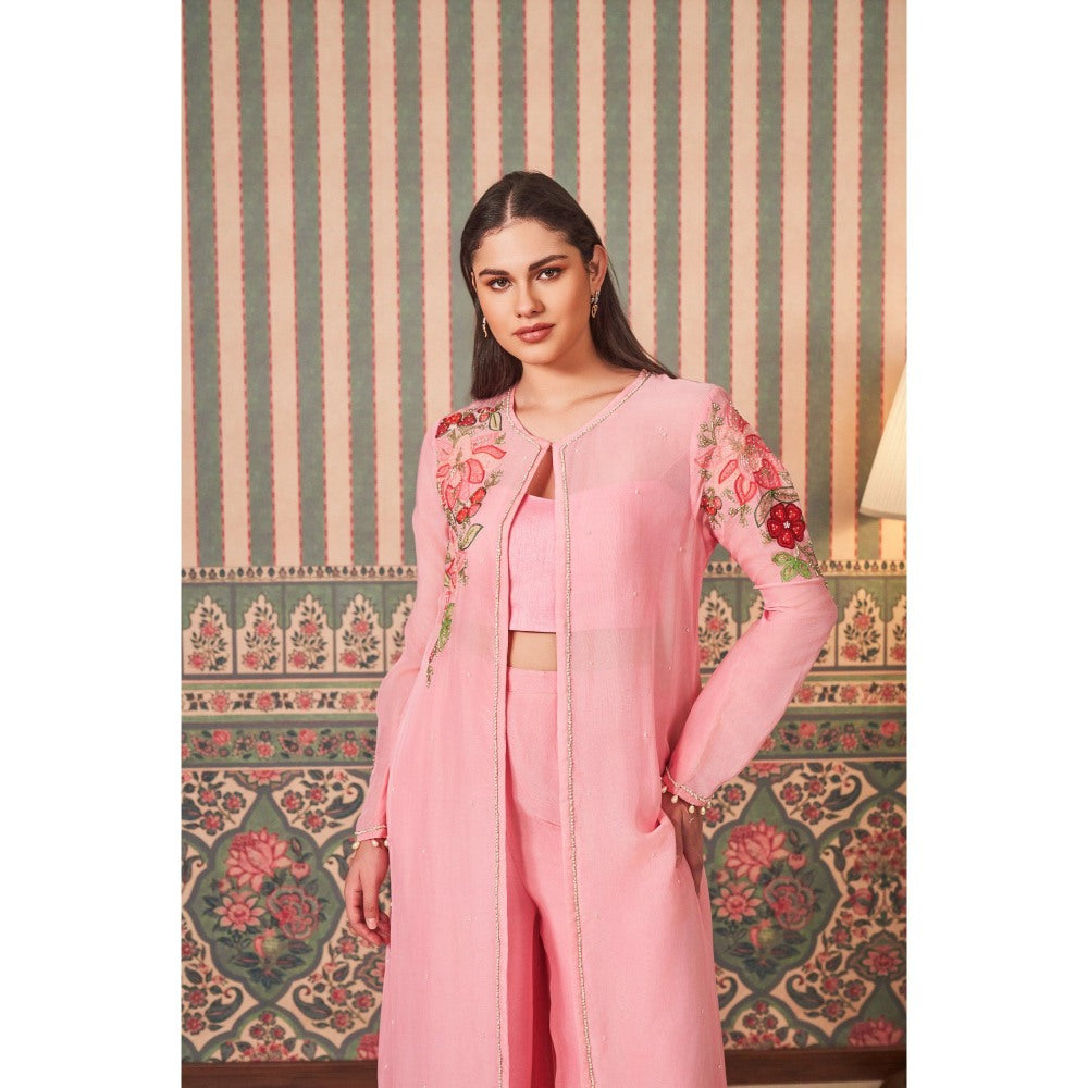 SAMMOHI BY MOKSHA & HIRAL Pink Hand Embellishments Bralette with Jacket and Palazzo (Set of 3)