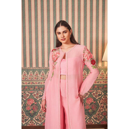 SAMMOHI BY MOKSHA & HIRAL Pink Hand Embellishments Bralette with Jacket and Palazzo (Set of 3)