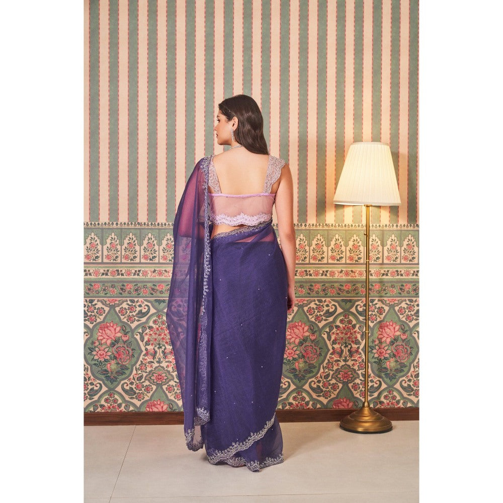 SAMMOHI BY MOKSHA & HIRAL Blue Hand Embroidery Saree with Stitched Blouse