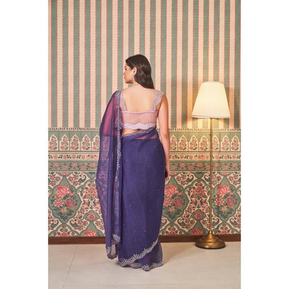 SAMMOHI BY MOKSHA & HIRAL Blue Hand Embroidery Saree with Stitched Blouse