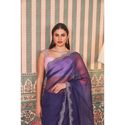 SAMMOHI BY MOKSHA & HIRAL Blue Hand Embroidery Saree with Stitched Blouse