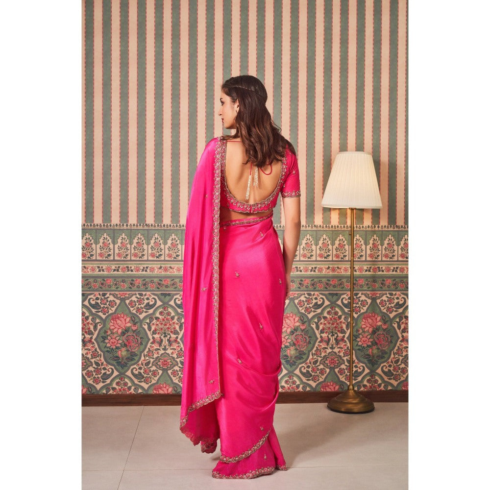 SAMMOHI BY MOKSHA & HIRAL Pink Hand Embroidered Saree with Stitched Blouse