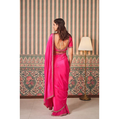 SAMMOHI BY MOKSHA & HIRAL Pink Hand Embroidered Saree with Stitched Blouse
