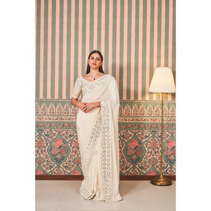 SAMMOHI BY MOKSHA & HIRAL White Mirror Work Embellishments Saree with Stitched Blouse