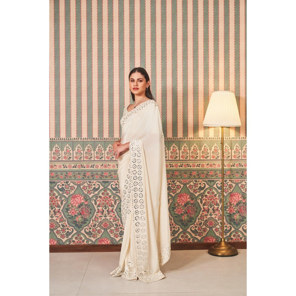 SAMMOHI BY MOKSHA & HIRAL White Mirror Work Embellishments Saree with Stitched Blouse