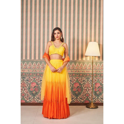 SAMMOHI BY MOKSHA & HIRAL Yellow Gathered Lehenga with Blouse and Dupatta (Set of 3)