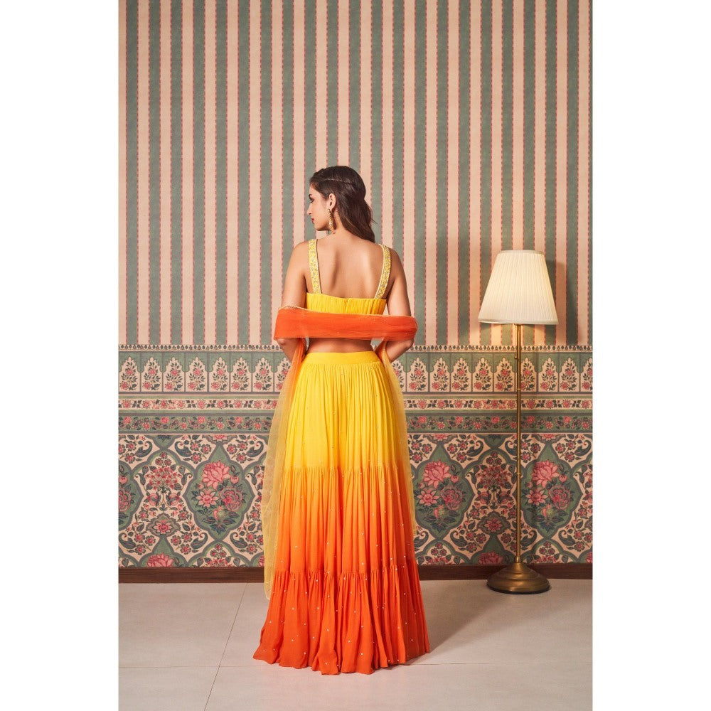 SAMMOHI BY MOKSHA & HIRAL Yellow Gathered Lehenga with Blouse and Dupatta (Set of 3)